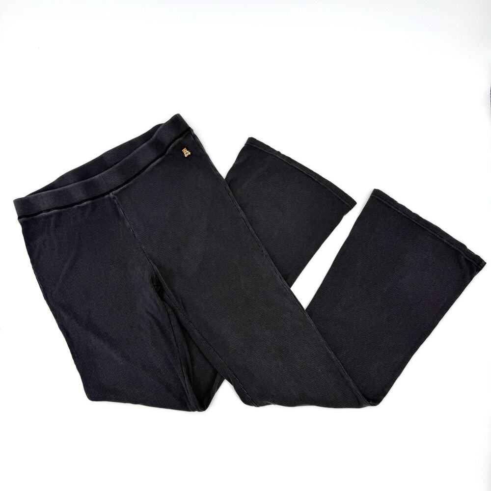 Teddy Fresh Women L Charcoal Gray Ribbed Flare Pants Stretch Pull On Bear Logo